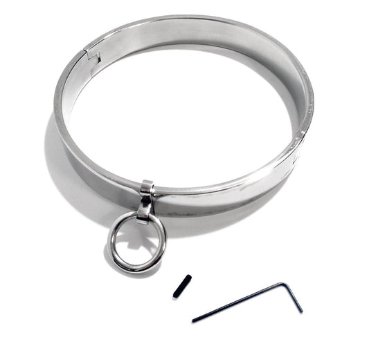 Locking Flat Slave Collar Stainless Steel BDSM Collar, Removable O Ring Submissive Jewelry