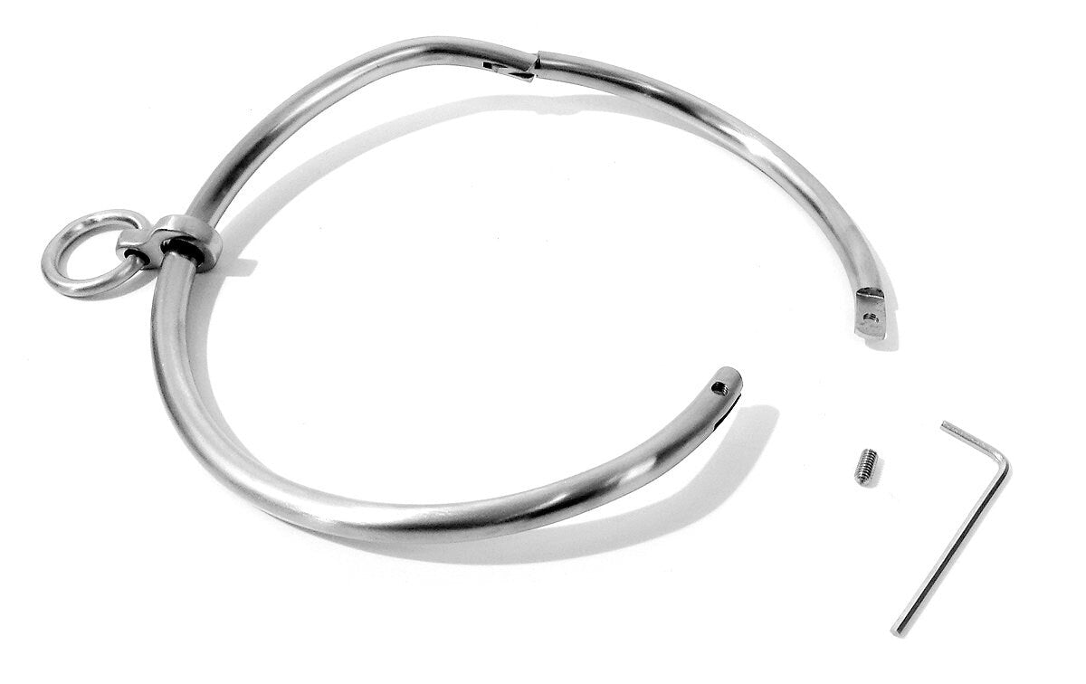 Locking Collar, 14"-20" Satin Stainless Curved Bondage Neck Choker Collar w/ Ring