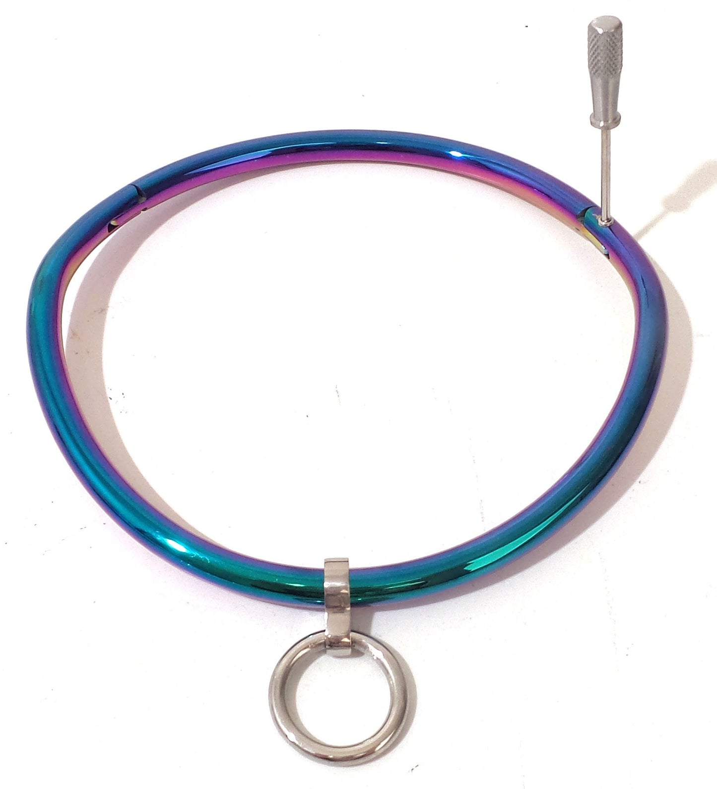 Locking Collar Rainbow Stainless Curved Bondage Neck Choker Collar w/ Ring