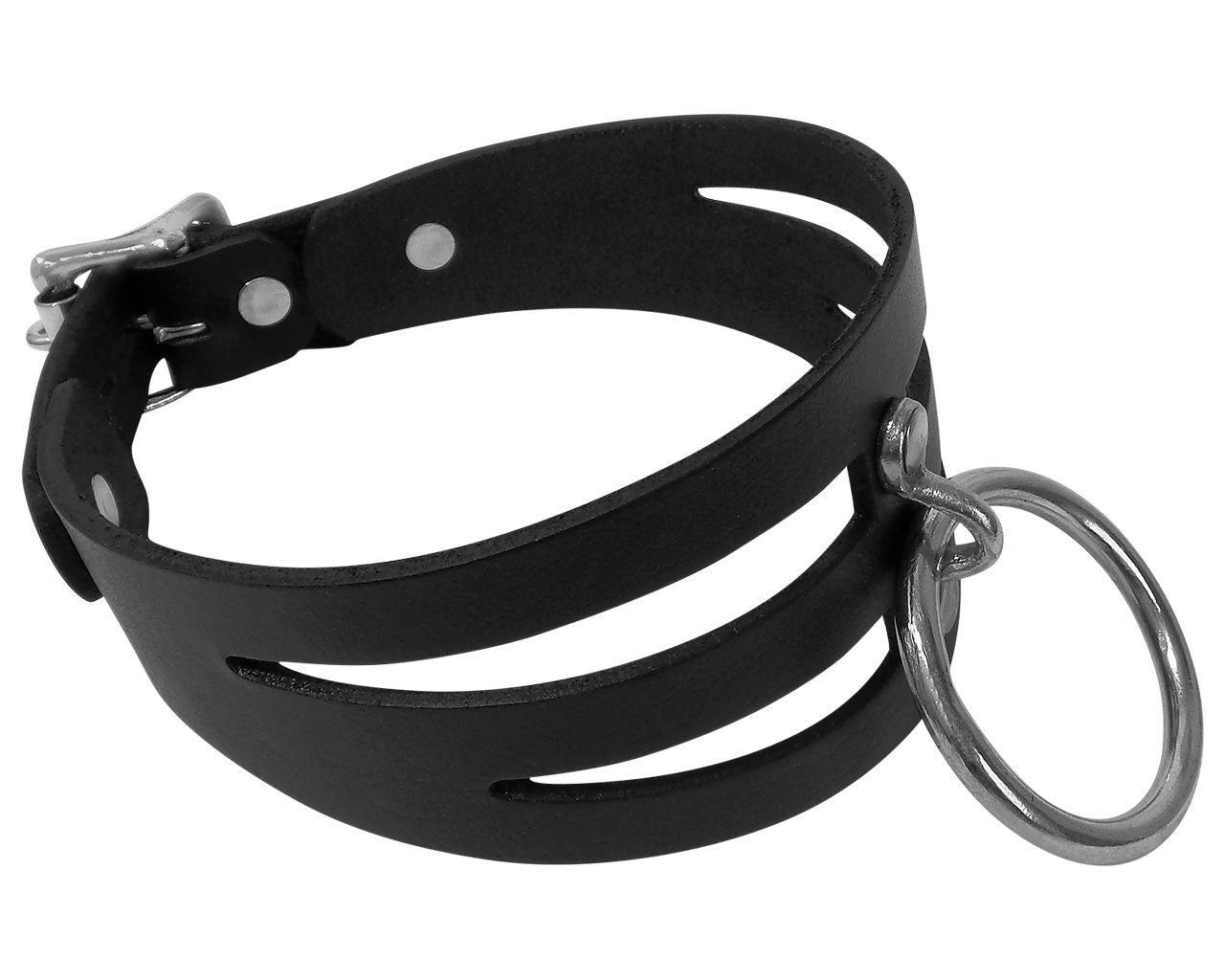 Adjustable Handmade Leather Choker Collar with Silver O-Ring and Locking Buckle STK Lux "SUB" COLLAR