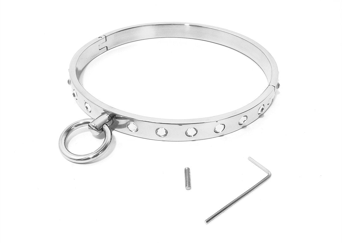 Eternity Slave  Collar with Collar Ring and Crystals  (Locking Stainless Slave Collar With Crystals & Ring Bling)