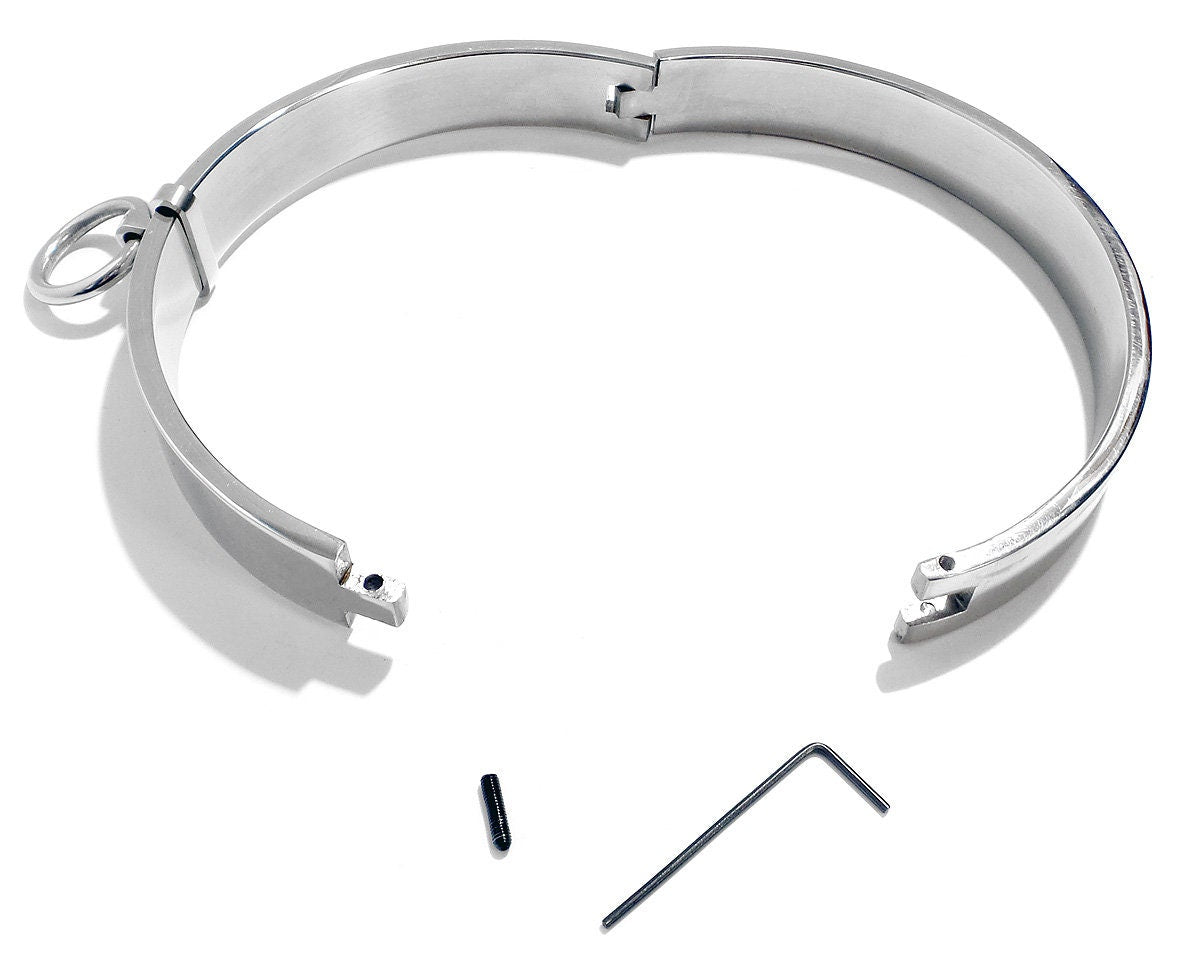 Locking Flat Slave Collar Stainless Steel BDSM Collar, Removable O Ring Submissive Jewelry