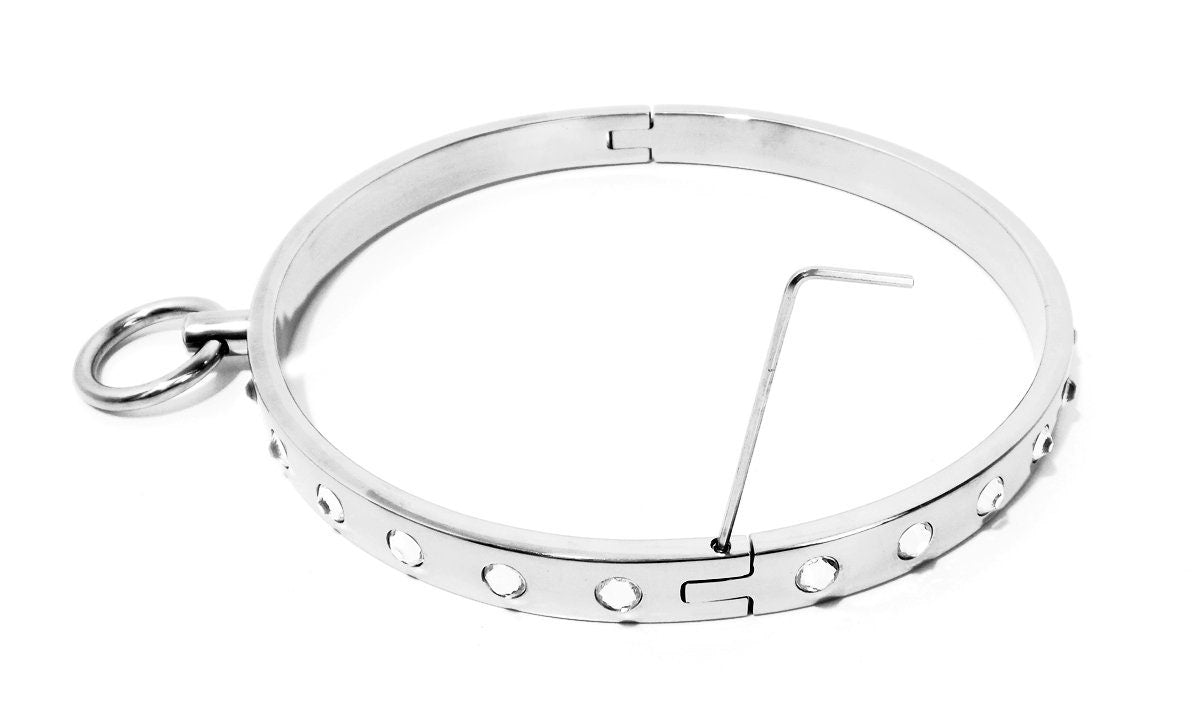 Eternity Slave  Collar with Collar Ring and Crystals  (Locking Stainless Slave Collar With Crystals & Ring Bling)