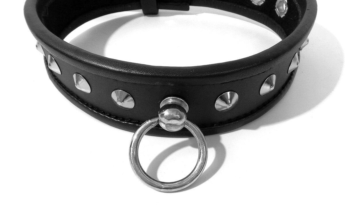 BDSM Leather Studded Choker Slave Collar With Ring Padlock Style