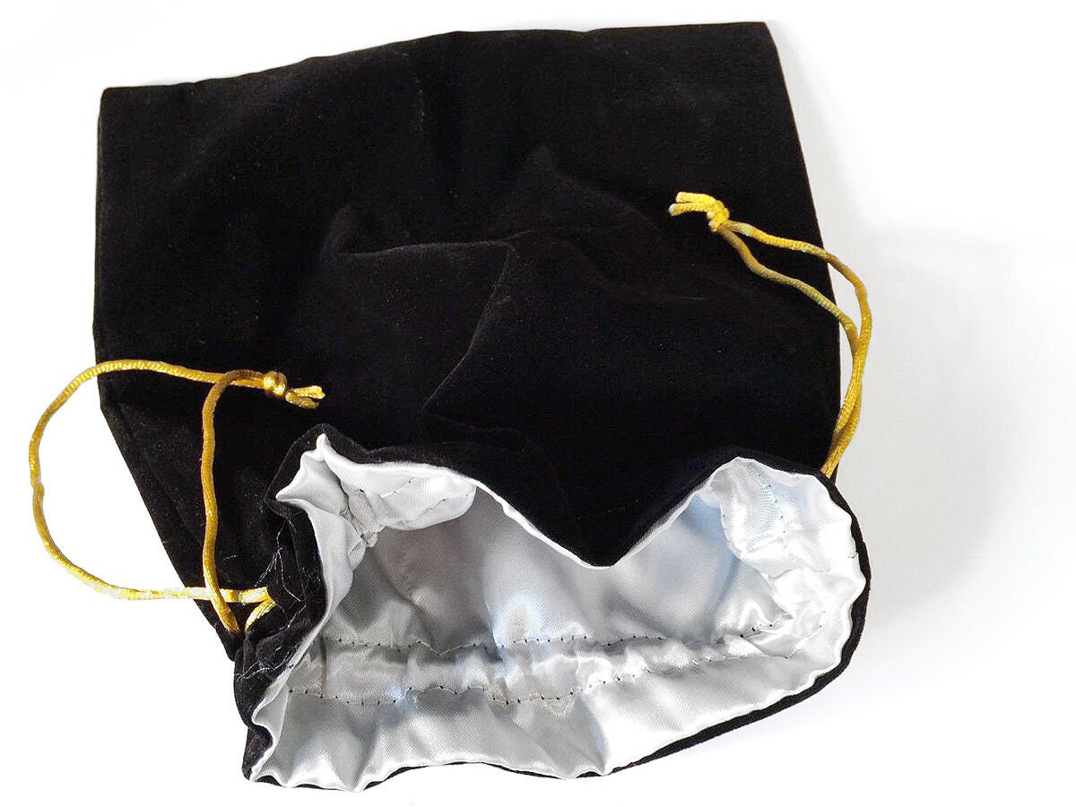 Velvet Drawstring Bag Black with Silky Silver Lining Gold Cord