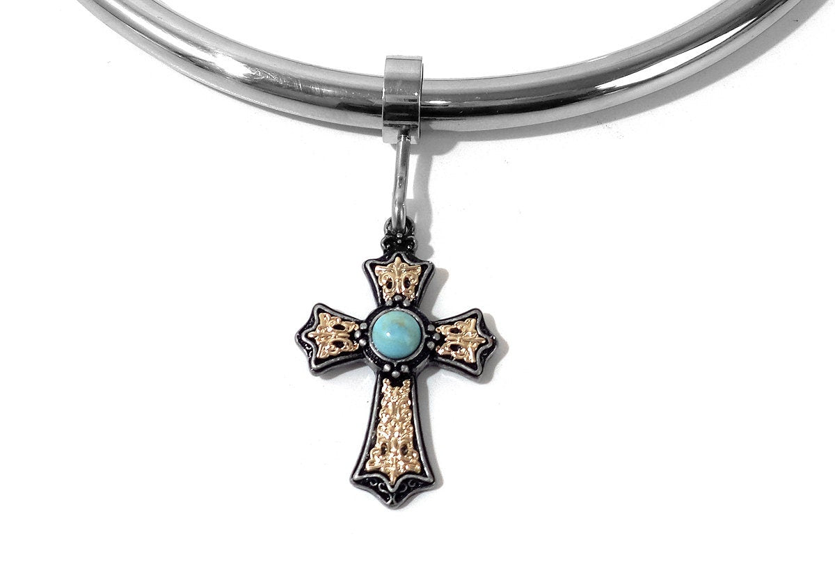 Gold Turquoise Cross With Attaching Ring For Bondage Collar Restraints.