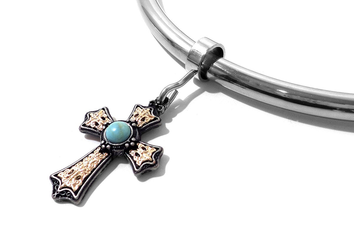 Gold Turquoise Cross With Attaching Ring For Bondage Collar Restraints.