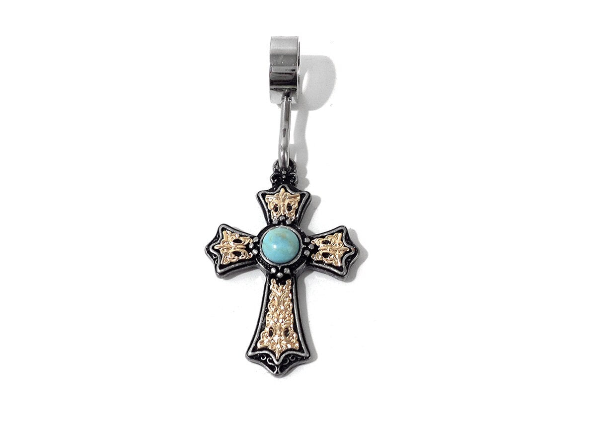 Gold Turquoise Cross With Attaching Ring For Bondage Collar Restraints.