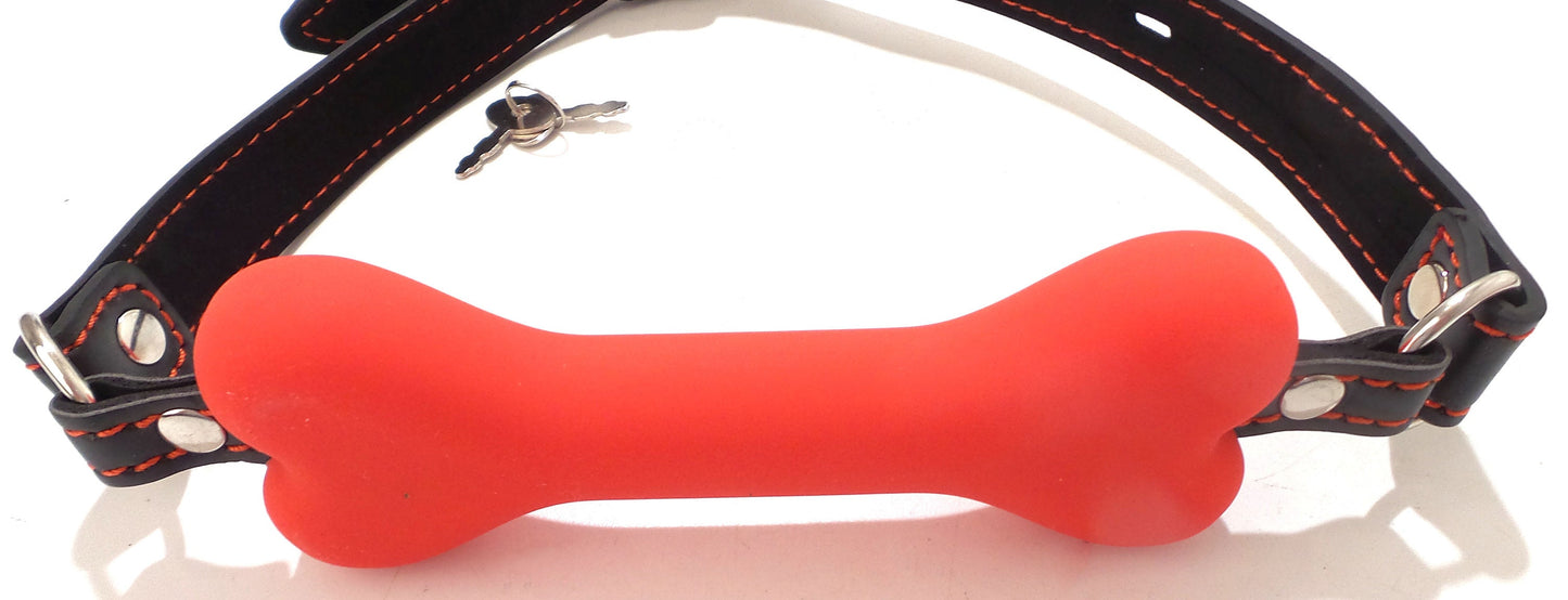 Locking Silicone Bone Gag  Red with Black Strap