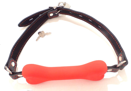 Locking Silicone Bone Gag  Red with Black Strap