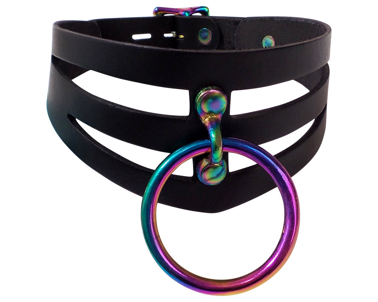 Adjustable Handmade Leather Choker Collar with Rainbow O-Ring and Locking Buckle STK Lux “Dom” Collar