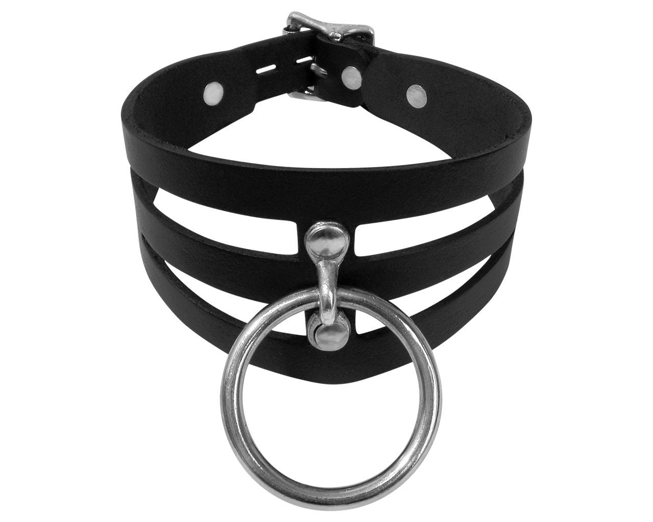 Adjustable Handmade Leather Choker Collar with Silver O-Ring and Locking Buckle STK Lux "SUB" COLLAR