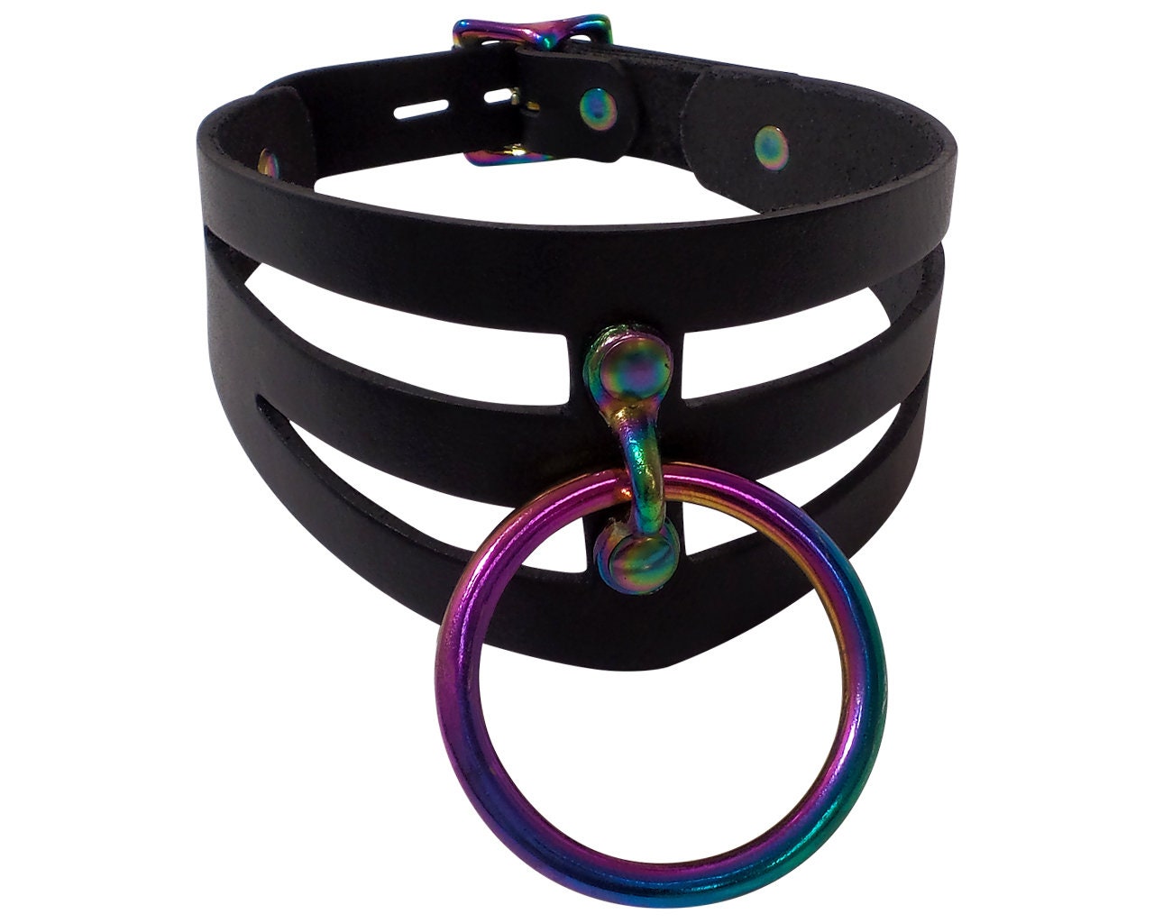 Adjustable Handmade Leather Choker Collar with Rainbow O-Ring and Locking Buckle STK Lux “Dom” Collar