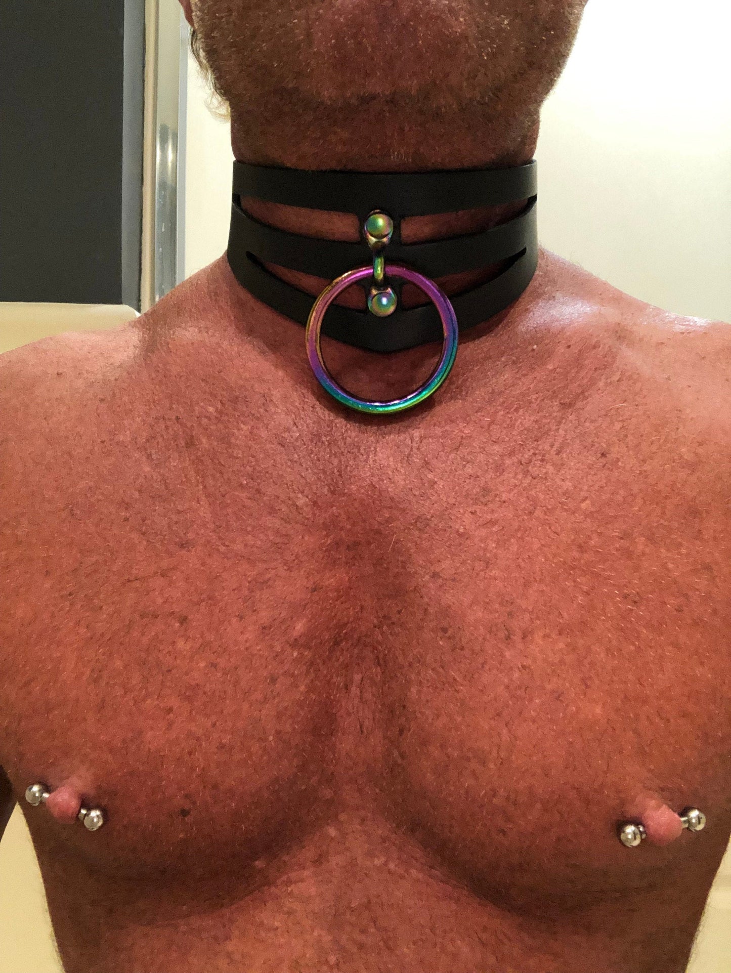 Adjustable Handmade Leather Choker Collar with Rainbow O-Ring and Locking Buckle STK Lux “Dom” Collar