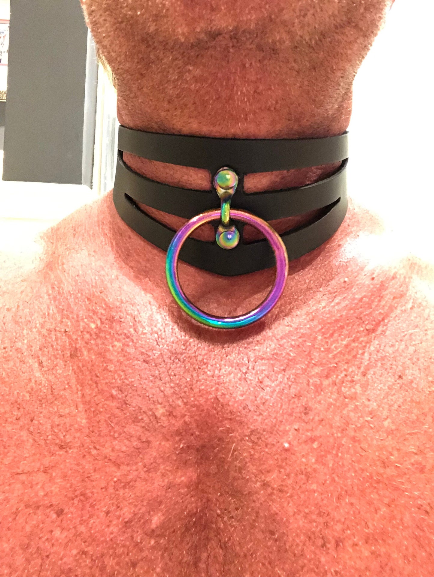 Adjustable Handmade Leather Choker Collar with Rainbow O-Ring and Locking Buckle STK Lux “Dom” Collar