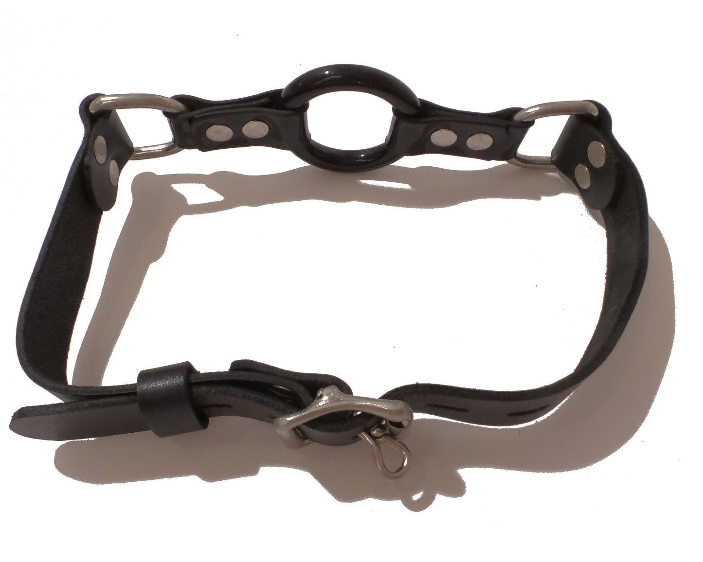 Hand Tooled Leather Lockable Ring Gag with Open Mouth Soft Silicone Ring, Adjustable Leather Head Strap with Lockable Buckle